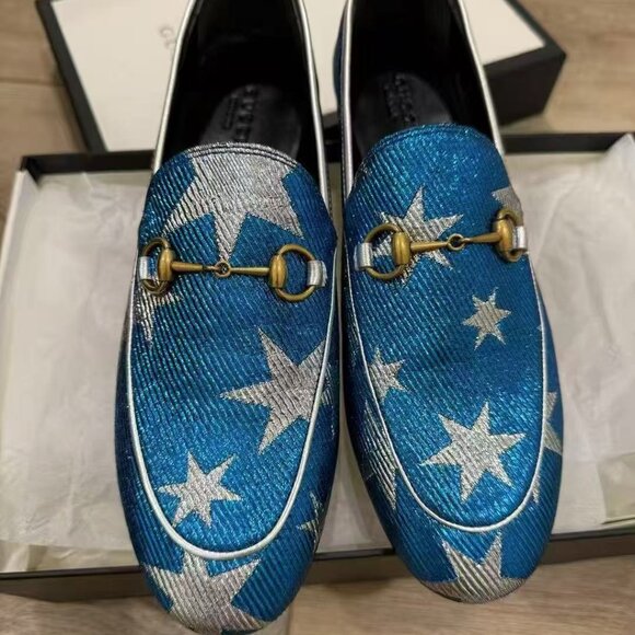 NIB Authentic Gucci Blue Silver Starry Sky Print Lurex Jordaan Loafer - Picture 2 of 4
